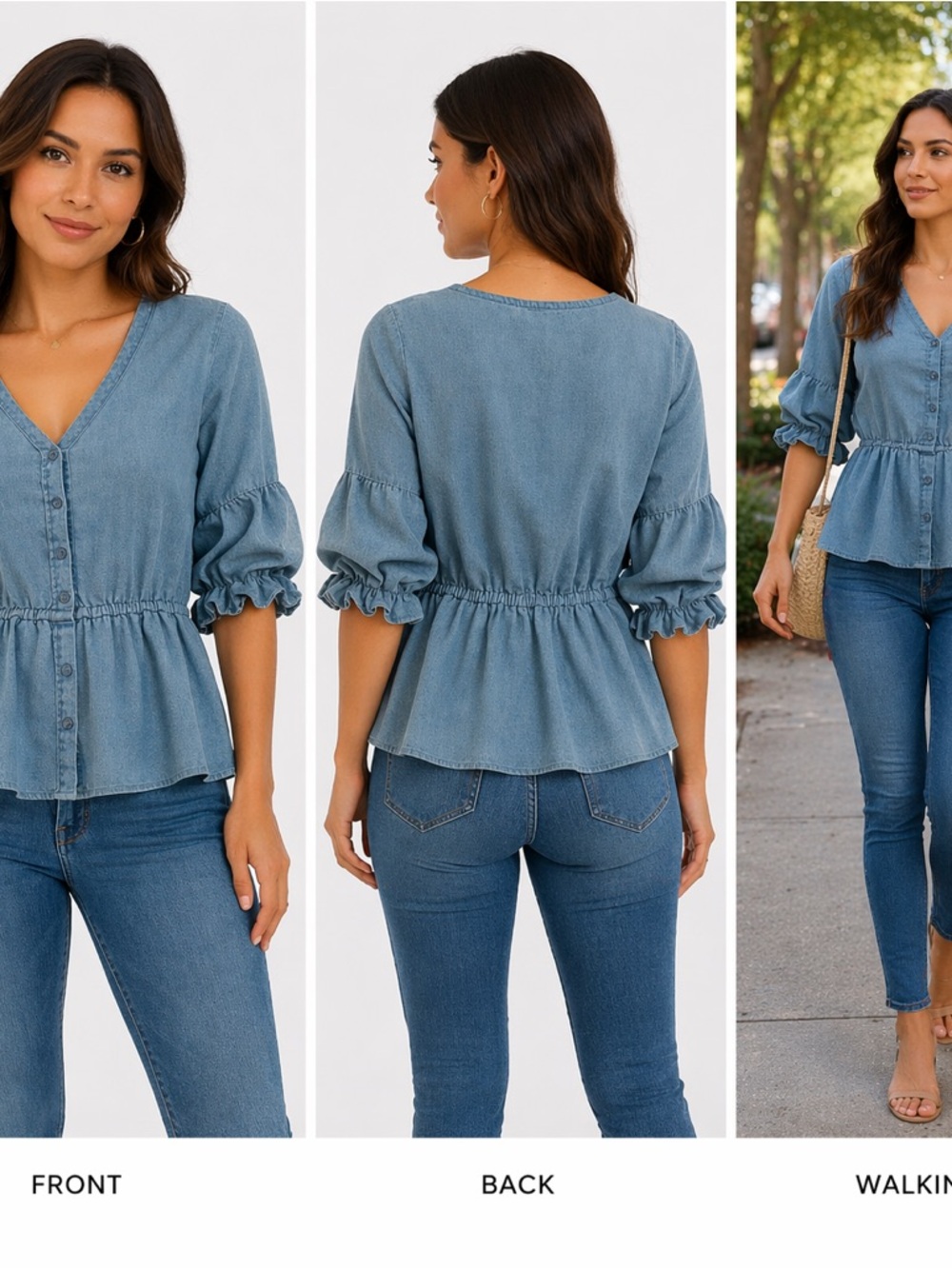 Blue Peplum Blouse Womens Small V Neck Button Front Ruffle Sleeve Top - Picture 4 of 10